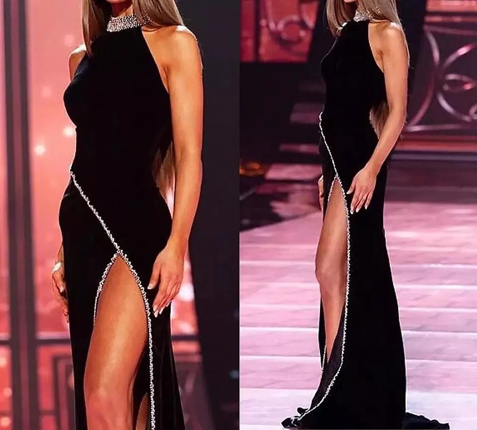 Black Velvet Evening Dresses 2021 Halter Neck Backless Side Split Rhinestone Sexy Long Formal Party Celebrity Prom Gowns Elegant | Свадьбы и