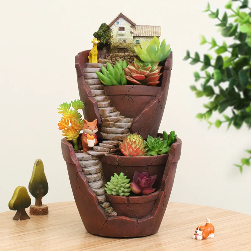 

TECHOME Resin Succulent Pot Creative Sky Garden Pots Retro Tabletop Potted Mixed Flower Pot Bonsai Ornament Indoor Planter