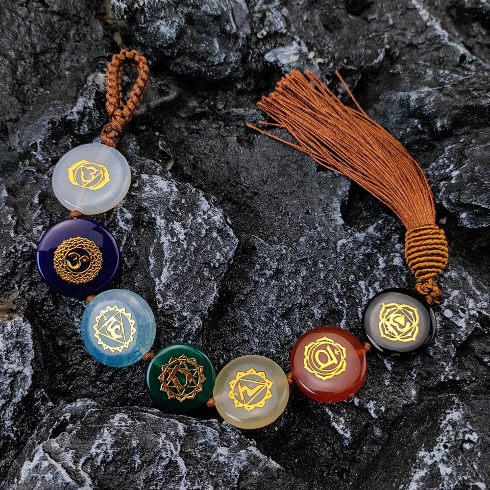 

hakela natural agate jade seven chakra symbol car hanging ornament oblate