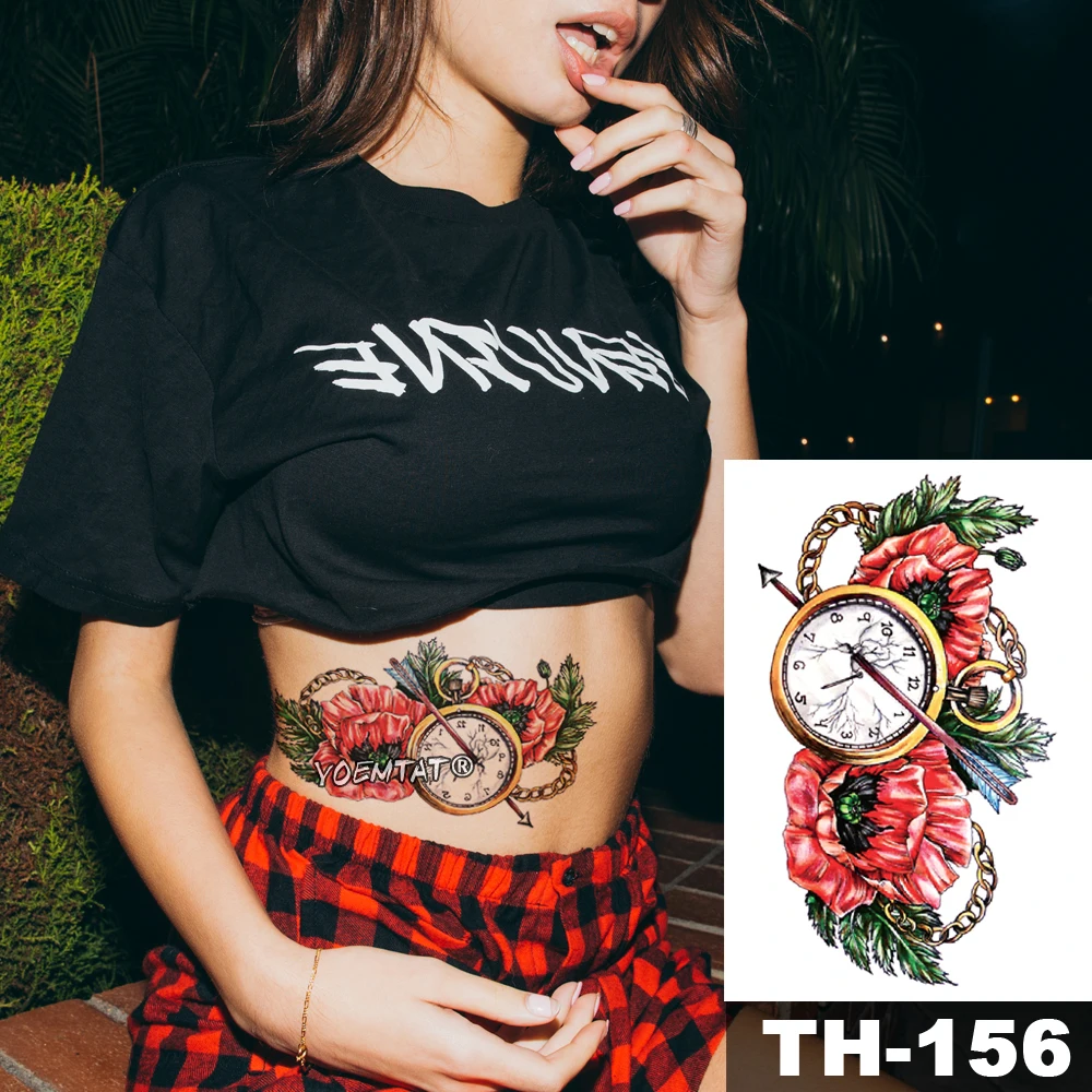 

Waterproof Temporary Tattoo Sticker Pocket watch Time clock pattern Water Transfer red flower body art flash fake tatoo