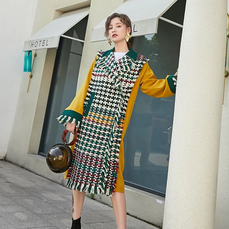 GALCAUR Лоскутная кисточка хит цвет женские куртки воротник с лацканами длинный
