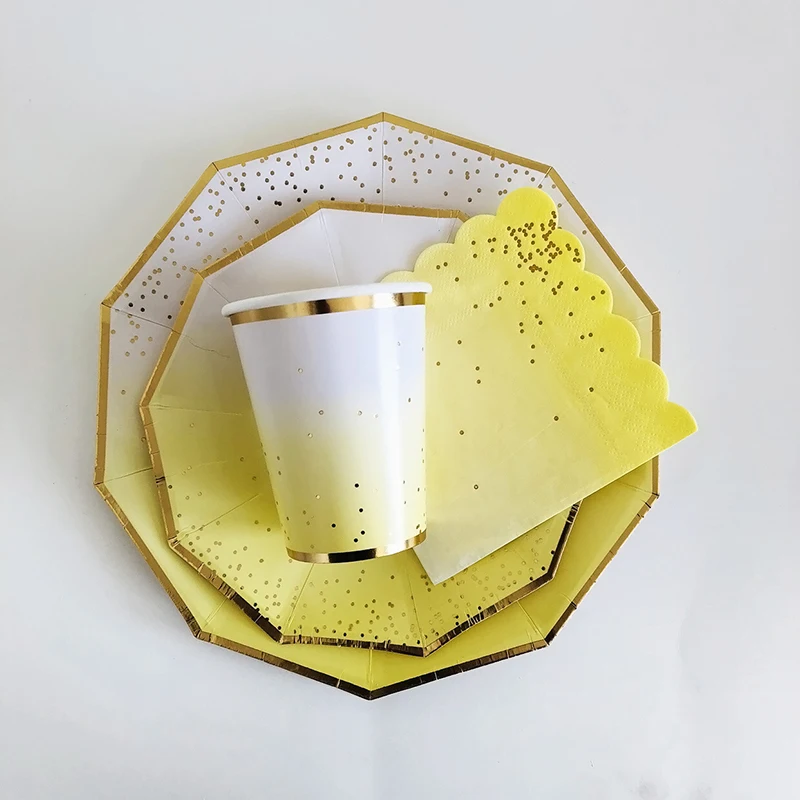 Disposable Tableware Gold Foil Gradient Paper Plates/Cups/Napkins For Home Kids Birthday Wedding Baby Shower Party Decorations | Дом и сад