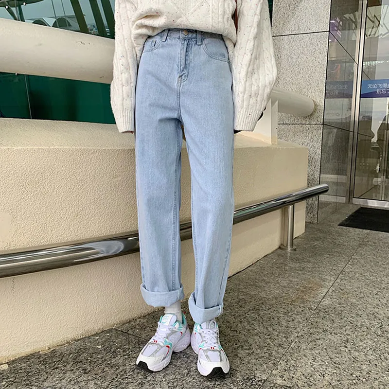 

S-XL 2020 loose women high wiast wide leg jeans streetwear trousers casual light blue denim pants womens (78576