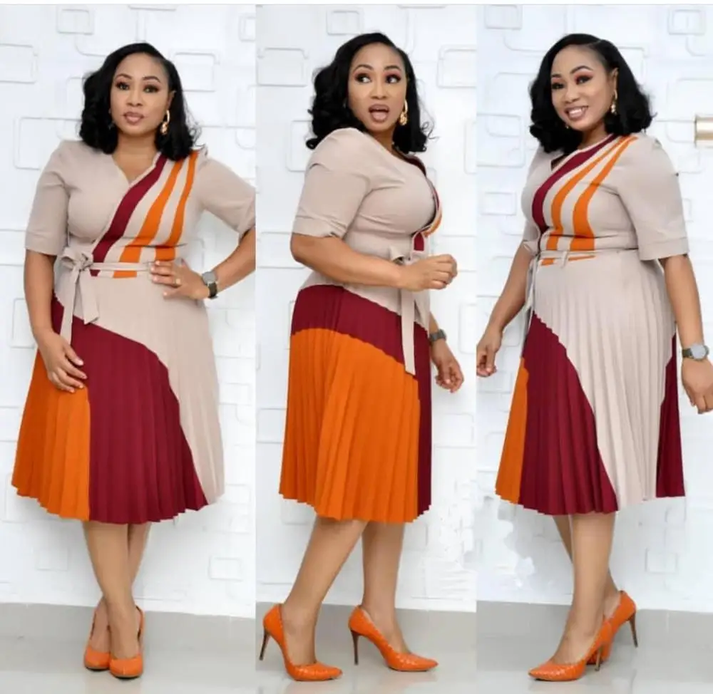 Женское платье с V-образным вырезом плиссированное в американском стиле |