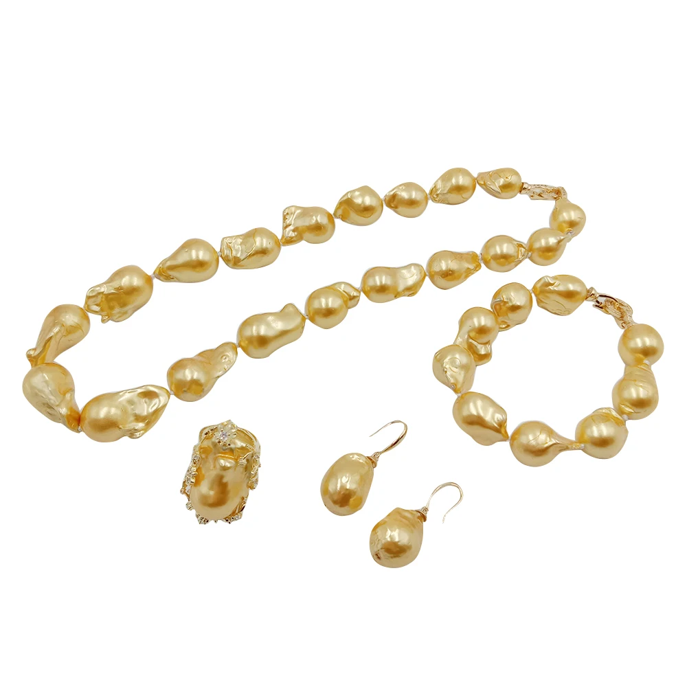 

golden baroque freshwater PEARL JEWELRY SET NECKLACE,Bracelet ,ring and EARRING-925 silver earring hook,pearl size L 19-40 MM