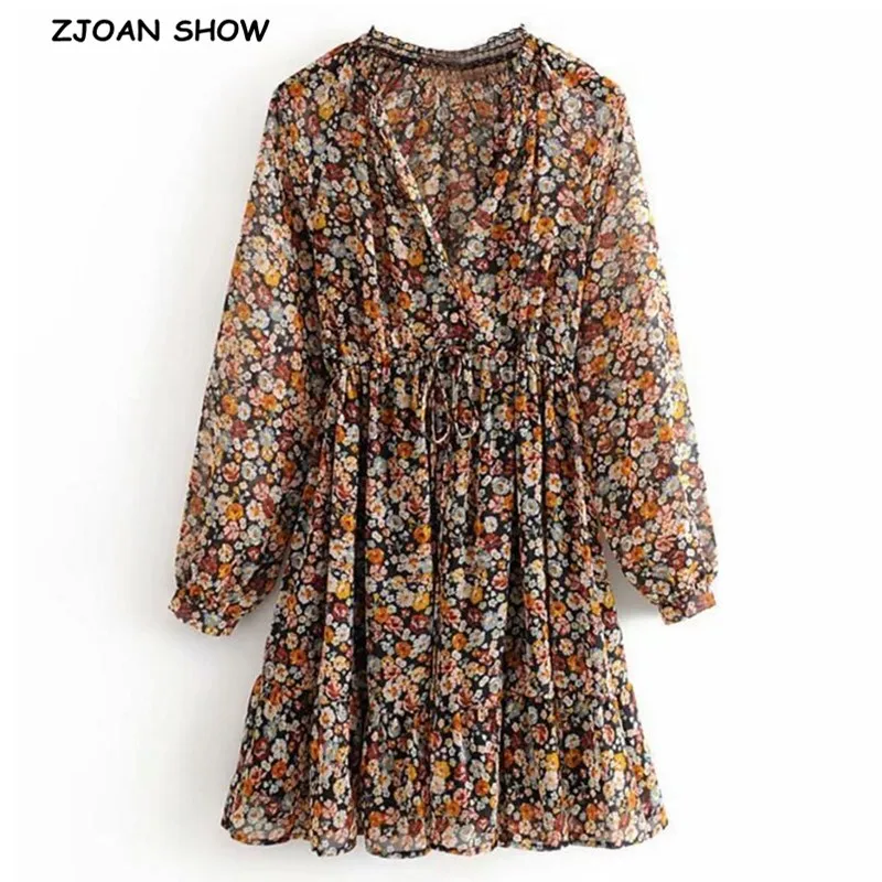 Женское платье с длинным рукавом винтажное короткое цветочным принтом v образным