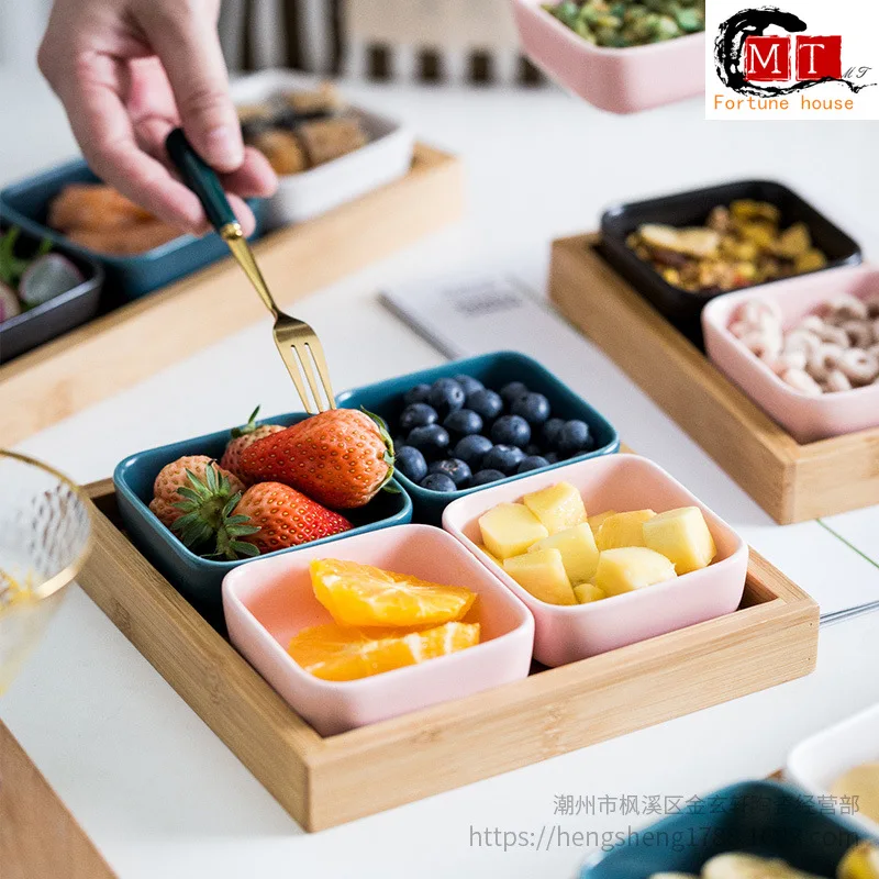 

Bamboo ceramic dry fruit tray multi functional creative European living room household compartment snack box Snack Tray plates