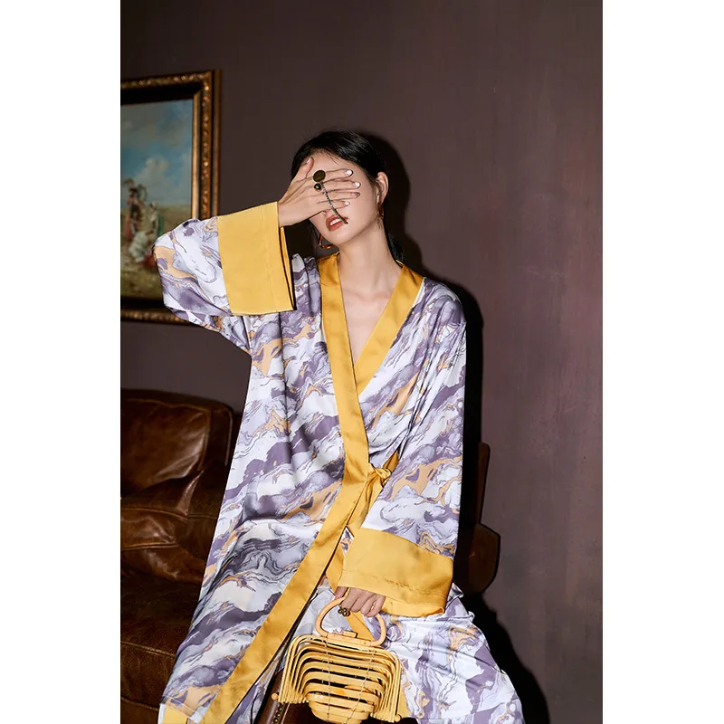 Pajamas Nightgown Ice Silk Pajamas Women's Long Sleeved Trousers Two-piece Suit Home Clothes