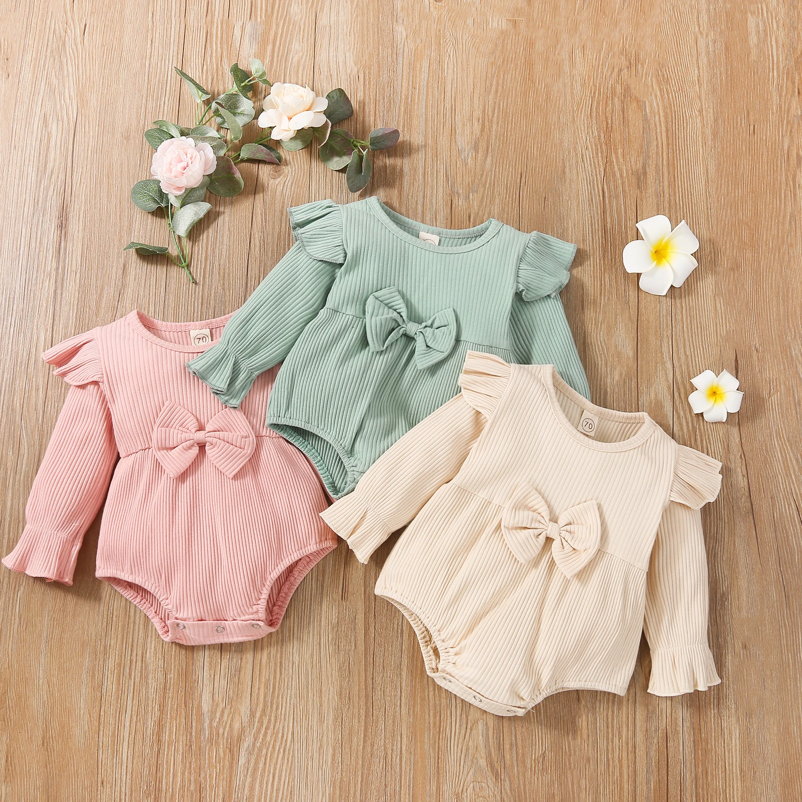 

Lioraitiin 0-24M Newborn Infant Baby Girl Autumn Bodysuit Ribbed Playsuit Solid Color Long Sleeve Round Neck Romper with Bow