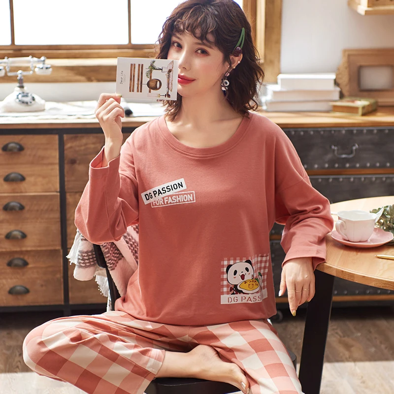 Женская пижама милый топ с пандой + клетчатые брюки 2 шт./компл. повседневный