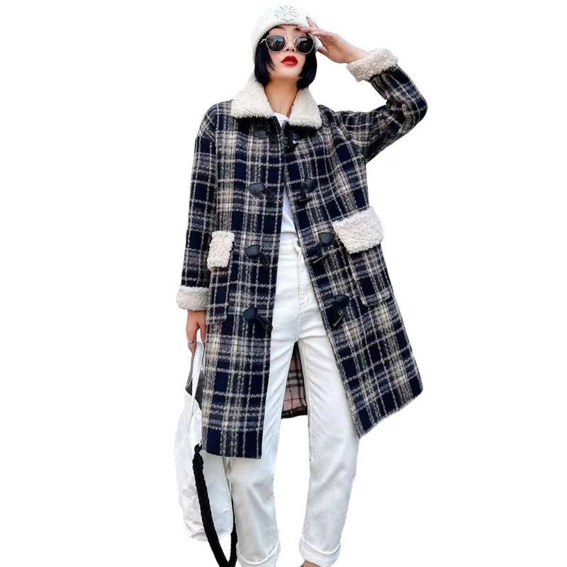 

Wool Overcoat Winter Loose Plaid Horn Button Korean Style Lapel Temperament Commute Fur Coat Women Abrigos Mujer