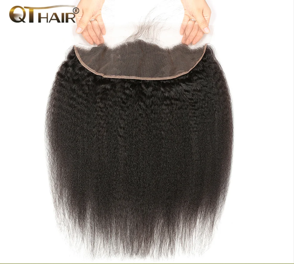 QT Brazilian Remy Hair Kinky Straight Lace Frontal 13*4 Free Part Closure with Baby Hair 130% Destiny 10-20 Inch Pre Plucked