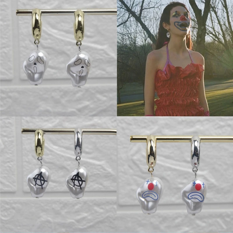 

R58E Baroque Clown Face White Pearl Drop Earrings Asymmetric Funny Clown Personality Unique Women Earrings Fashion Jewelry