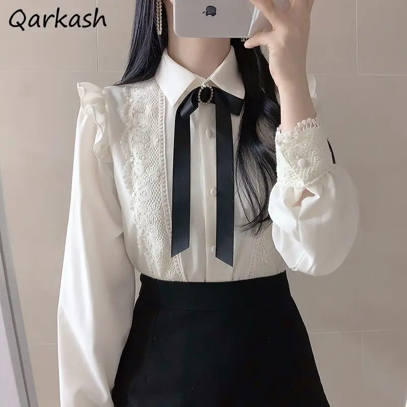 

Shirts Women Solid Color Blusas Ulzzang Chic Single Breasted Autumn Street Style Lovely Preppy Classy Stylish Turn Down Collar