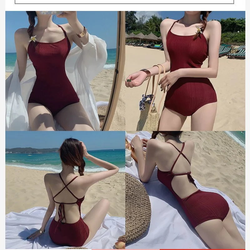

New Korean ins swimsuit open back sexy conservative cover belly slimming one-piece swimsuit