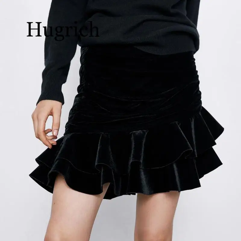 

2020 Solid Velvet Skirts Women Fashion Draped High Waisted Skirt Women Elegant Asymmetrical Mini Skirts Female Ladies