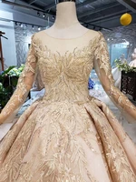 BGW HT42314 Golden Wedding Dresses Gown With Wedding Veil O-neck Long Sleeve Flower Bridal Dress With Train Vestido De Casamento