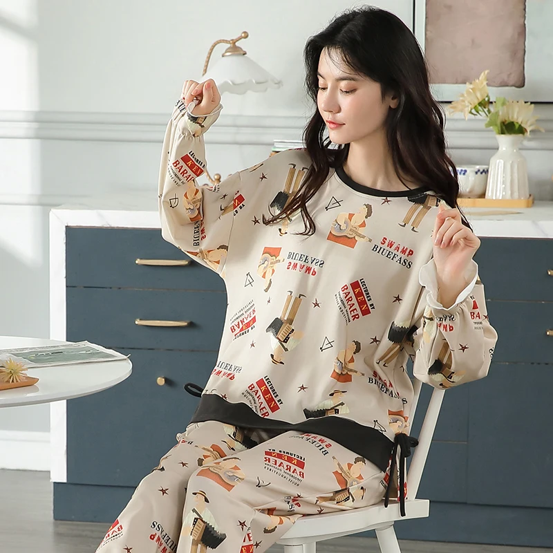 

BZEL Casual Comfort Pajamas Set Women Cotton Home suit Cartoon Fashion Loungewear Round Neck Sleepwear New Hot Sale Pijama Mujer