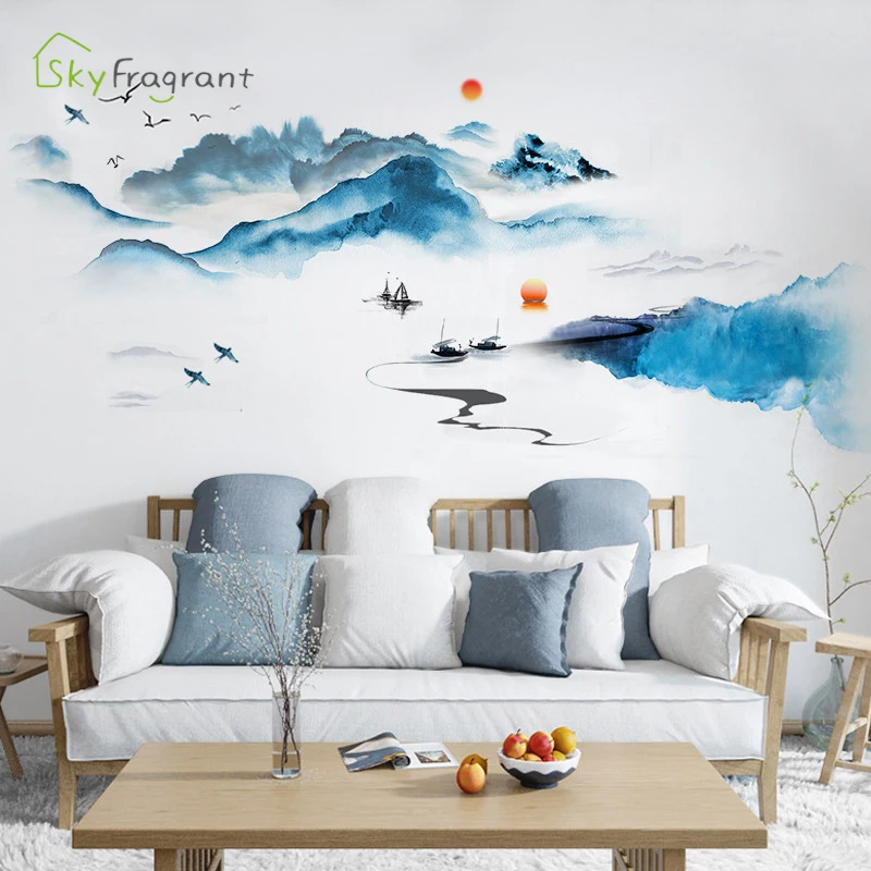 Пейзаж чернильная живопись стикер стены спальня прикроватный декор
