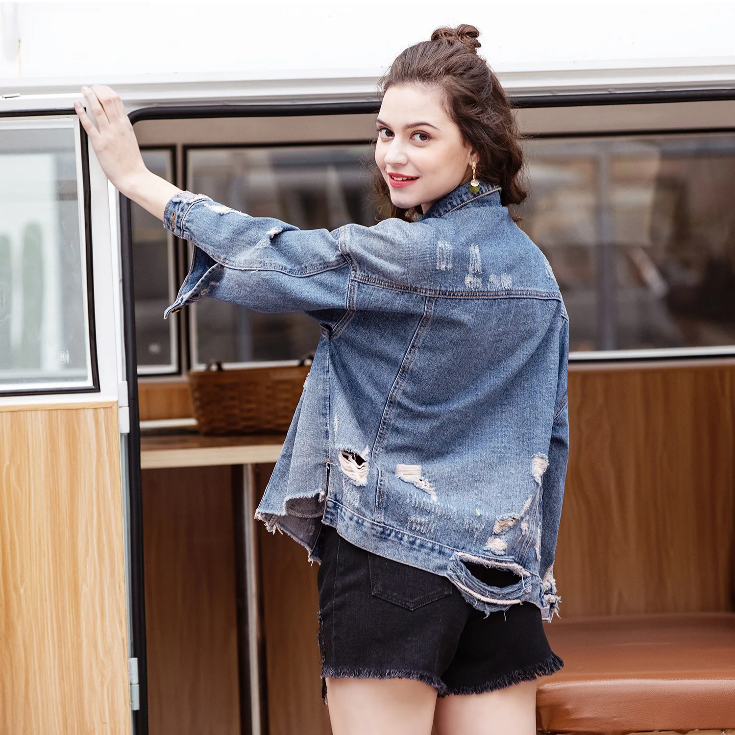 Женские осенние новые джинсовые куртки сплошной воротник джинсы BF ветер