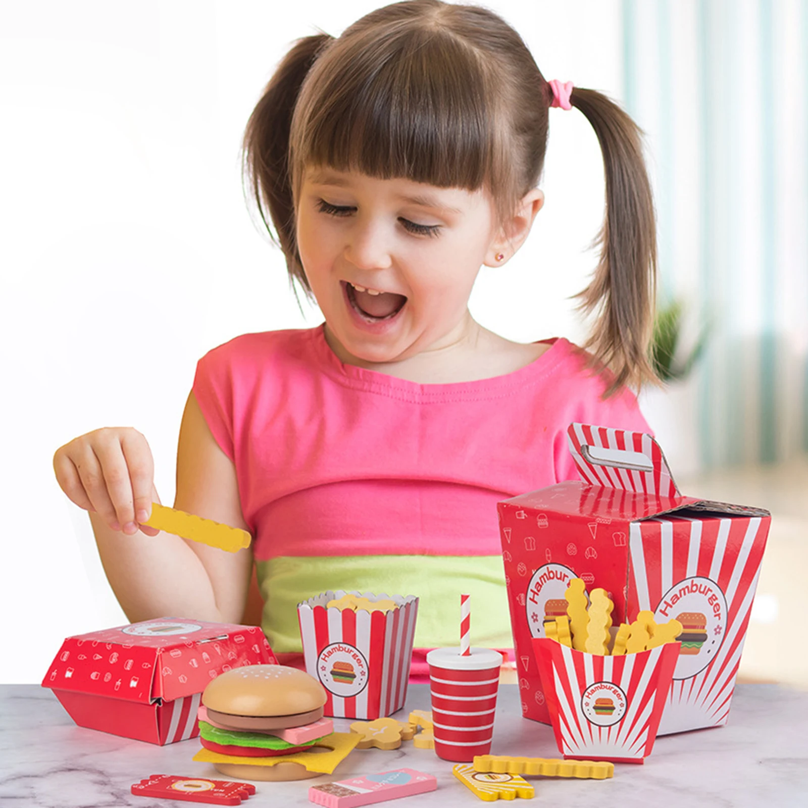 

Simulated Hamburger Toy Wood Material Kids Kitchen Toy Set Realistic DIY Hamburger Fries Set For Children Entertainment Toy