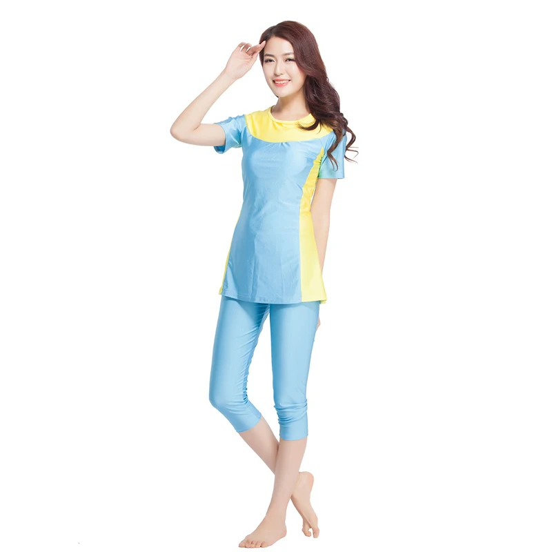 Sky blue Мусульманский купальный костюм Для женщин короткий рукав солнце защитный купальный костюм без Hijiab комплект из 2 предметов исламическое плавание костюм пляжная одежда Буркини - Цвет: Sky blue