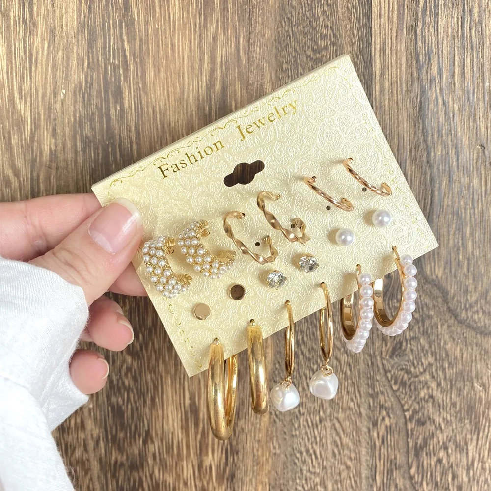 

2021 Fashion Gold Pearl Earrings Set For Women Vintage Metal Hoop Earings Geometric Circle Drop Earrings Jewelry