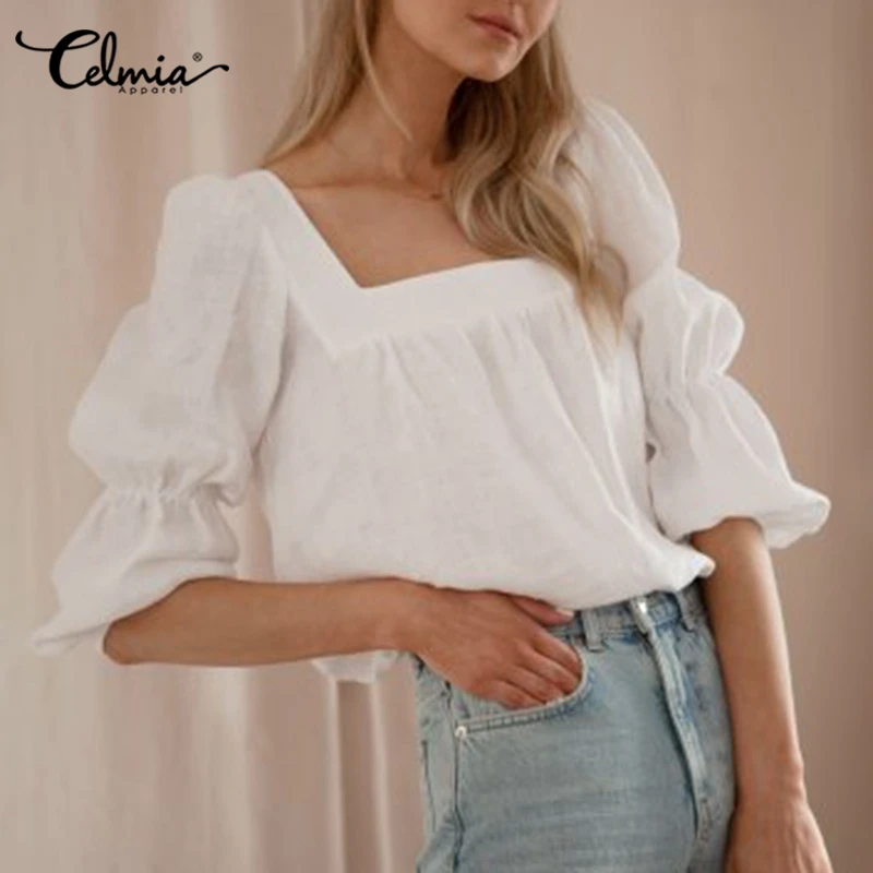 

Celmia Female Casual Square Collar Blouses Women Stylish Knotted Puff Sleeve Shirts Summer Fashion Solid Tunic Tops Femininas