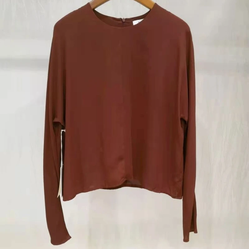 

Bat Sleeve Lining Round Neck Zip Top with Back Zipper Women Shirt