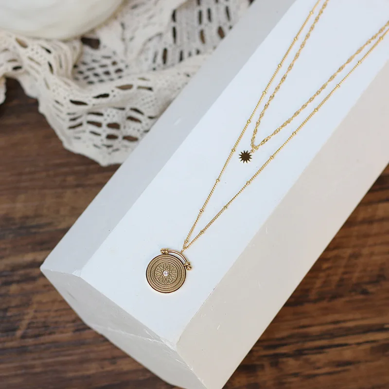 Timeless Wonder Titanium Sunburst Coin Chains Layered Necklace Stainless Steel Jewelry Punk Top Boho Gothic Trendy Gold 2121