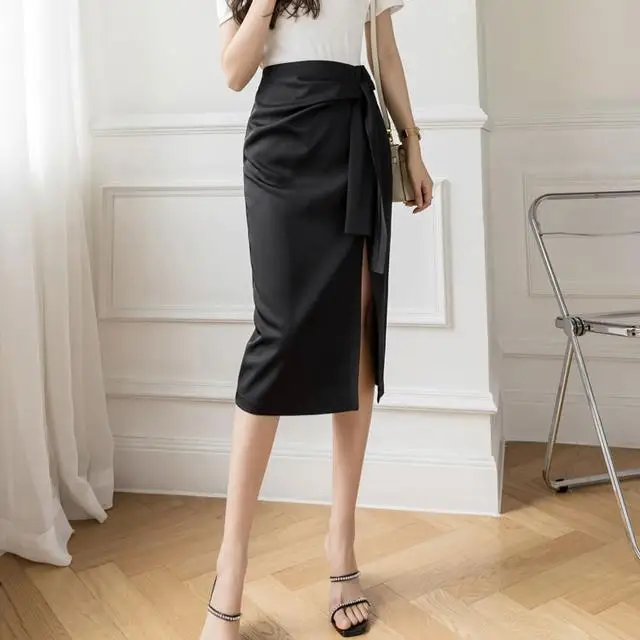 

Women 2021 Summer Sexy Slit Silk Satin Skirts Female Office Elegant High Waist Tie Pencil Skirt Ladies Elegant Midi Skirt Y101