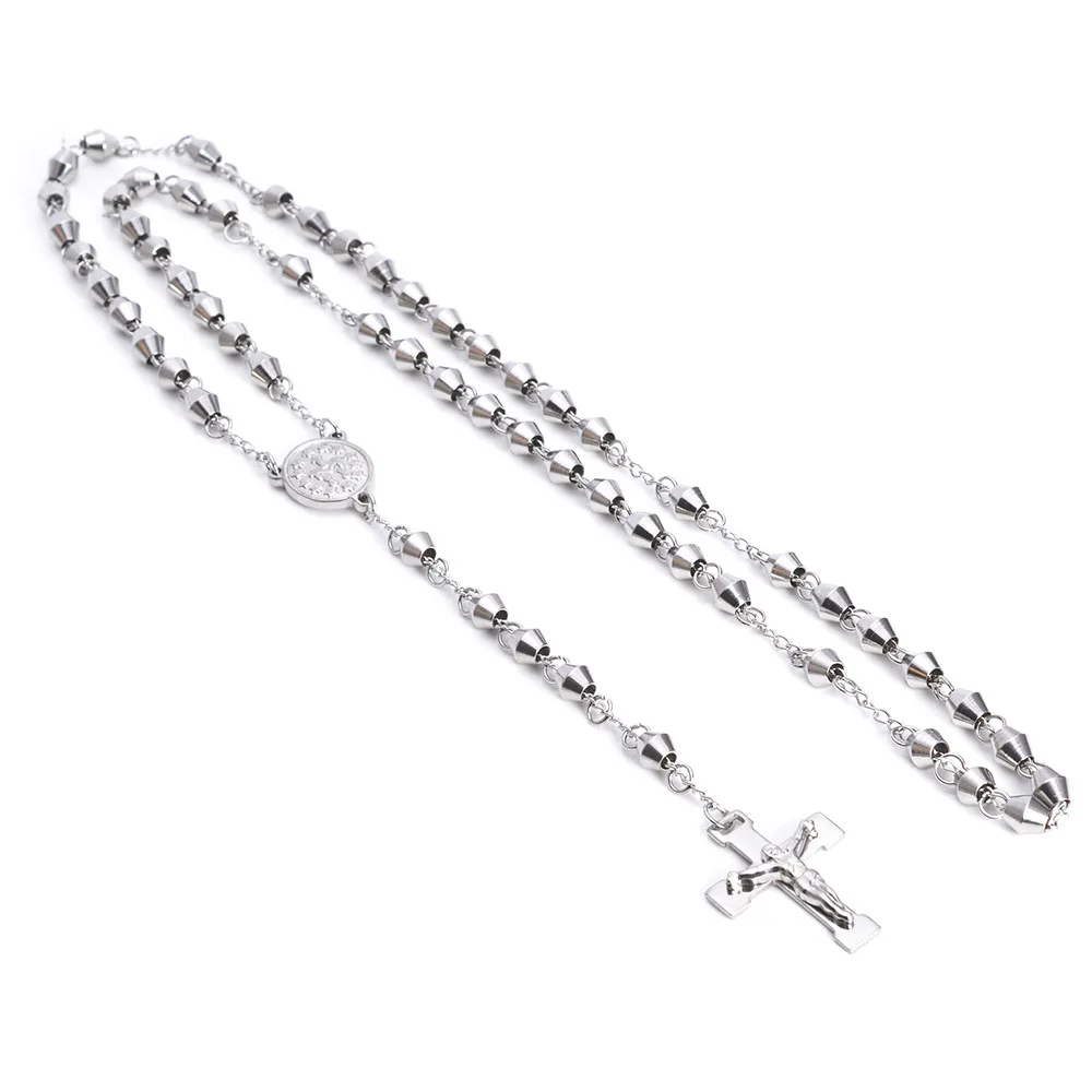 6mm Stainless Steel Bead Chain Rosary for men Jesus Cross Pendant Long Necklace High quality chain rosaries wholesale | Украшения и