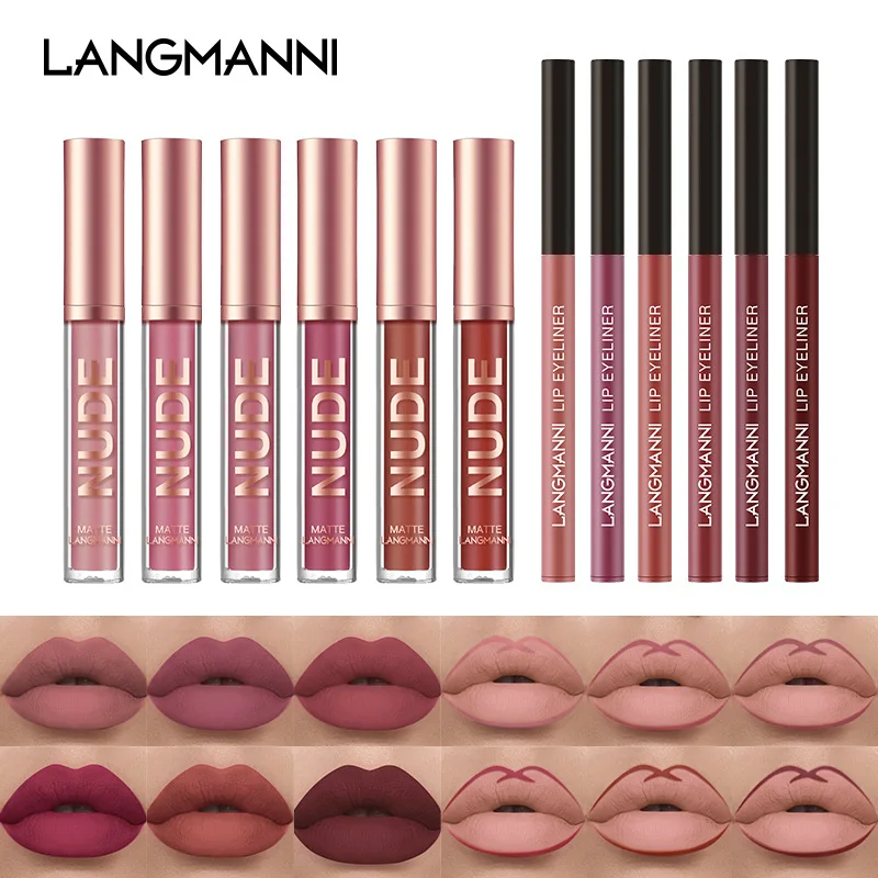 

Langmanni 12pcs/Set Waterproof Liquid Lipstick Lip Liner Non Stick Matte Lip Tint Glaze Lipliner Makeup for Women Comestic