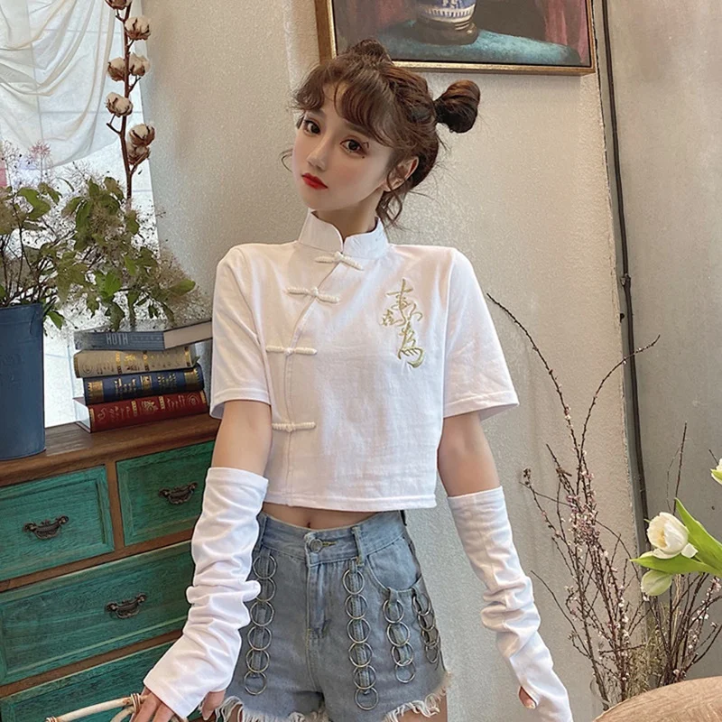 

Chinese Style Clothing Women Summer 2021 Modern Cheongsam Top Solid Color Vintage Harujuku Ethnic Blouse And Qipao Top Women