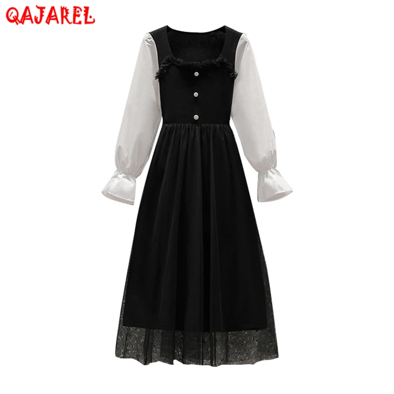 

Черное хлопковое лоскутное Сетчатое платье миди, осенне-зимнее винтажное платье в Корейском стиле Хепберн 2023, женское элегантное облегающее Повседневное платье