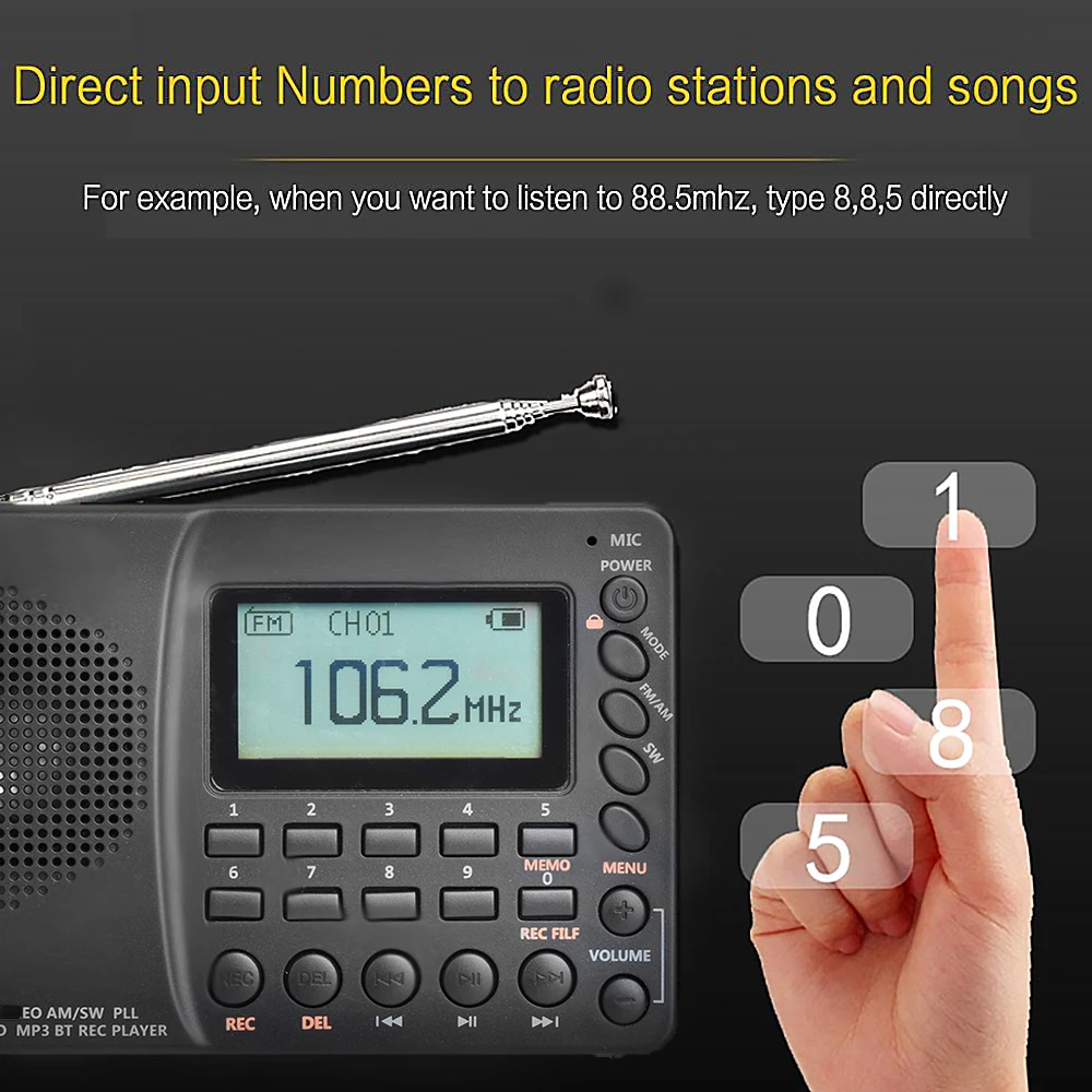 Портативное радио с Bluetooth FM AM SW MP3 цифровой рекордер поддержка Micro SD TF карты таймер