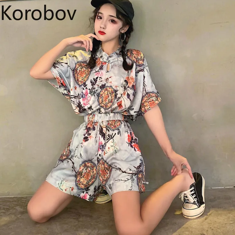 Korobov Ретро узор в китайском стиле женские костюмы High Street Harajuku короткий рукав топы