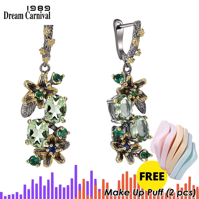 DreamCarnival 1989 Серьги женские висячие с камнями винтажные украшеные цветами зеленые WE3874