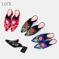 plus size 34 43 genuine leather women shoes handmade embroider mules slippers pointed toe high heeled pumps fashion party slides