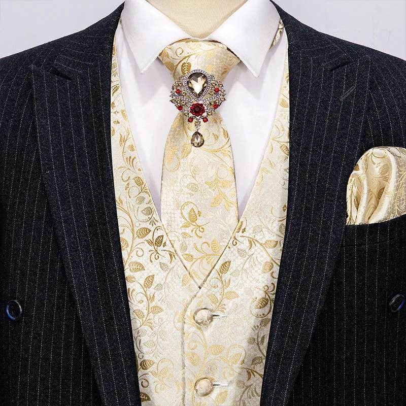 Chaleco Floral Beige para hombre, traje Delgado, chaleco de seda, conjunto de corbata, pañuelo, gemelos, chaleco Formal para negocios (0)