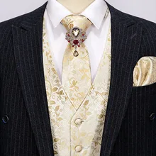 Chaleco Floral Beige para hombre, traje Delgado, chaleco de seda, conjunto de corbata, pañuelo, gemelos, chaleco Formal para negocios (4)
