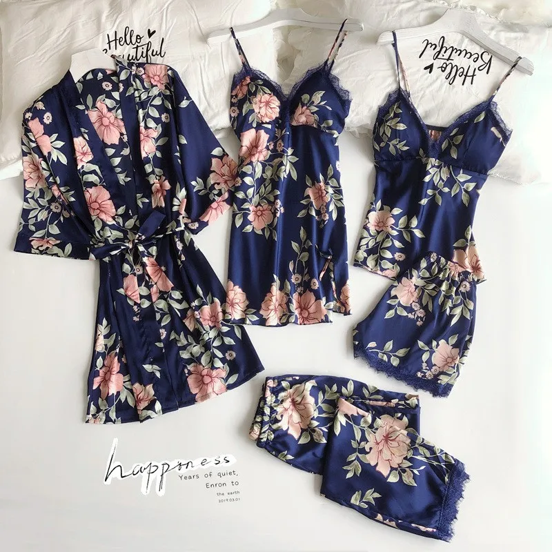 

Lace 5PCS Sleepwear Pajamas Suit Women Satin Pyjamas Sexy V-Neck Loose Sleep Set Casual Nightwear 2021 Spring New Home Clothing
