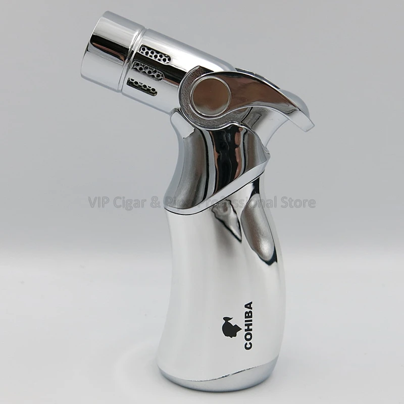 Silver Настольная металлическая Бутановая Зажигалка COHIBA, 4 фонарь, зажигалка для сигарет, инструмент для курения, многоразовый, ветрозащитный - Цвет: Silver