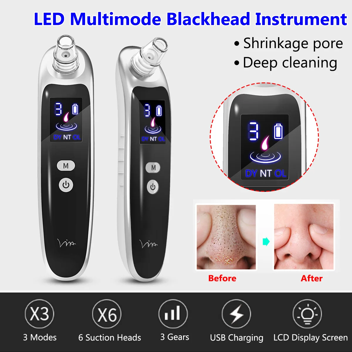 Face Nose Acne Black Dot Pimple Blackhead Remover Electric Vacuum Cleaner Pore Skin Care Tools Machine with 6 Head | Красота и