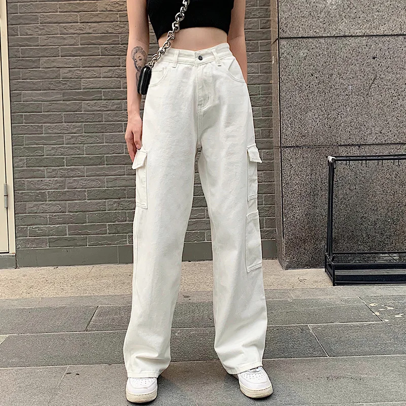 Women Casual Loose Style Denim Jeans, Solid Color High Waist Wide-leg Pants With Big Pockets, White/ Dark Blue/ Black