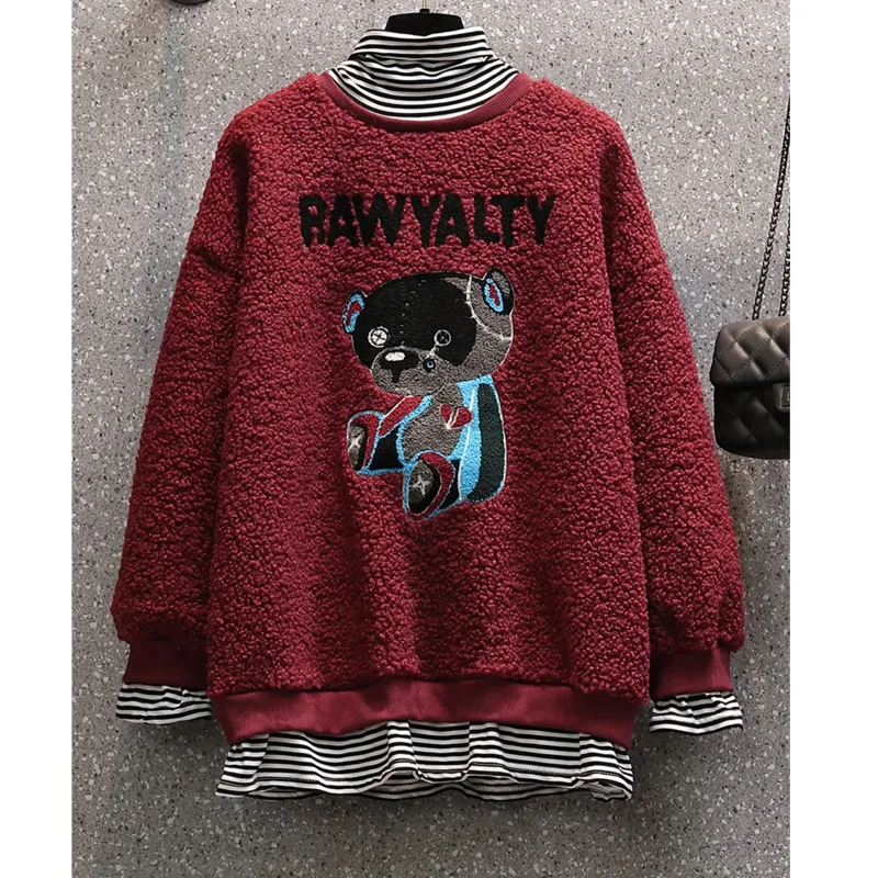 

Autumn And Winter Sweater Women Imitation Lamb Wool High Collar Sweatshirt Fashion Cartoon Embroidery Pattern Harajuku Shirt
