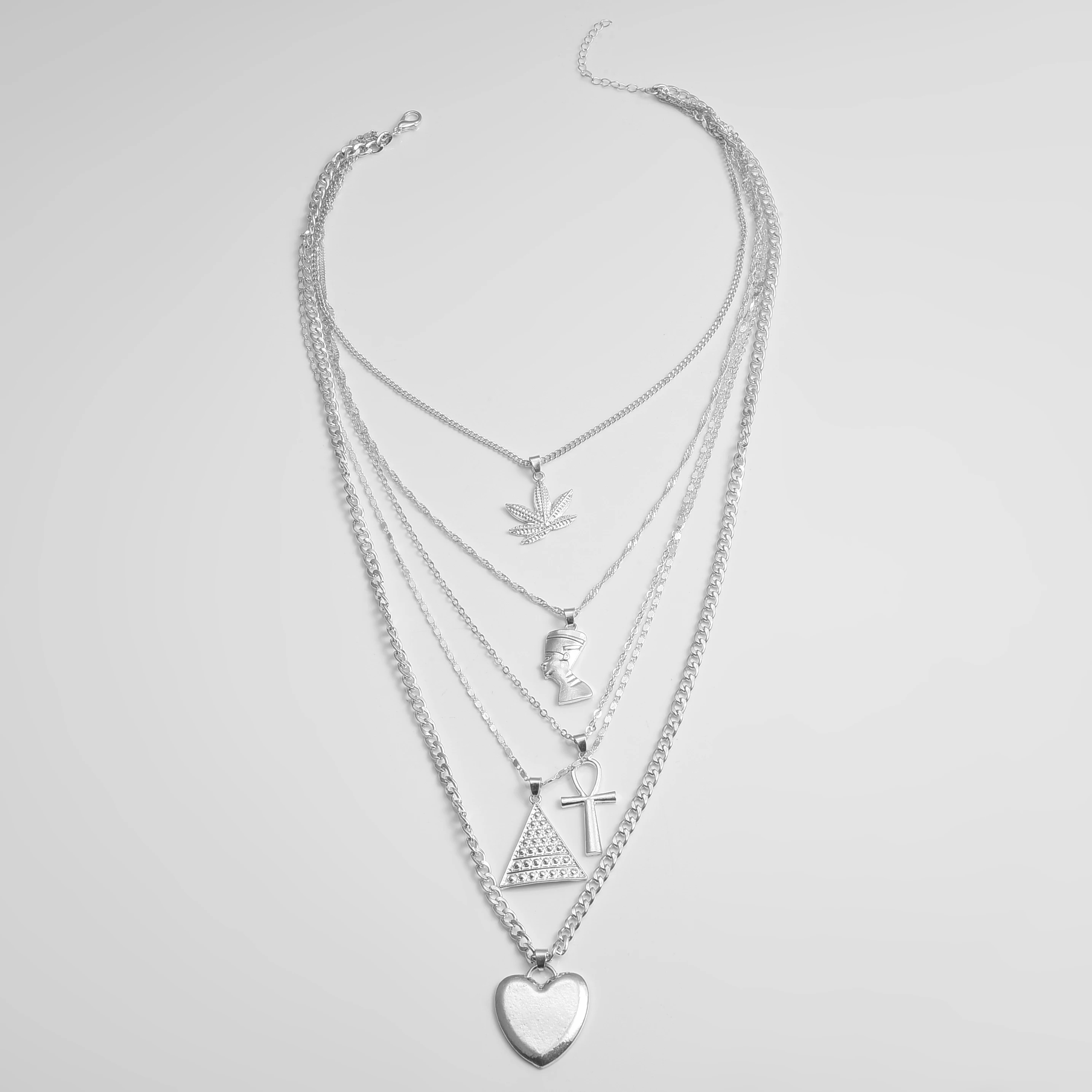 

Vintage Leaf Cross Heart Pyramid Ancient Egyptian Pharaoh Pendant Multilayer Gold Necklace Punk Lady Jewelry Women Necklace Set
