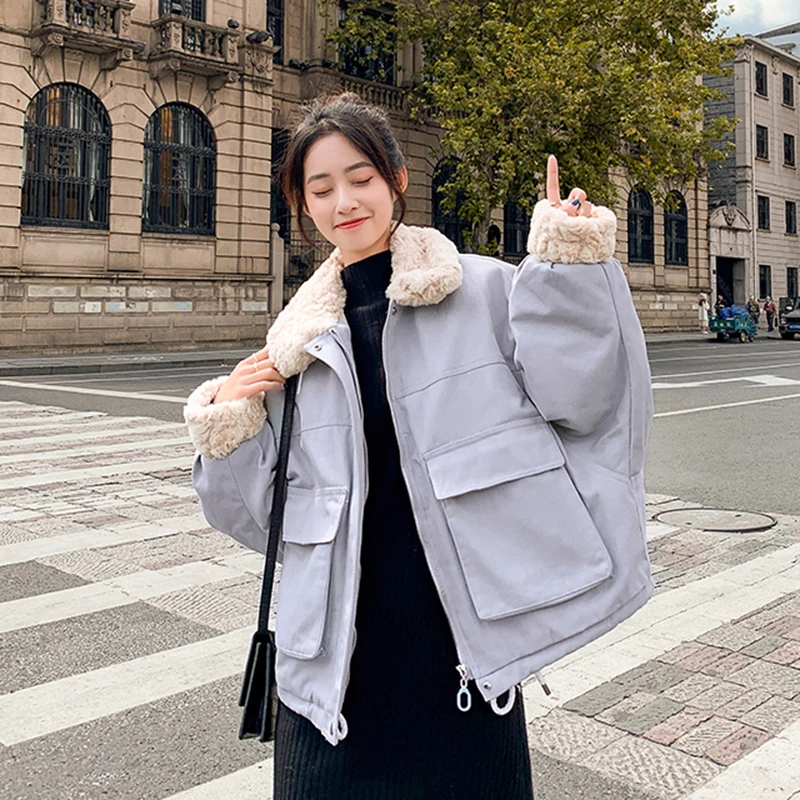 Женское пальто из овечьей шерсти черное Свободное с воротником-стойкой в