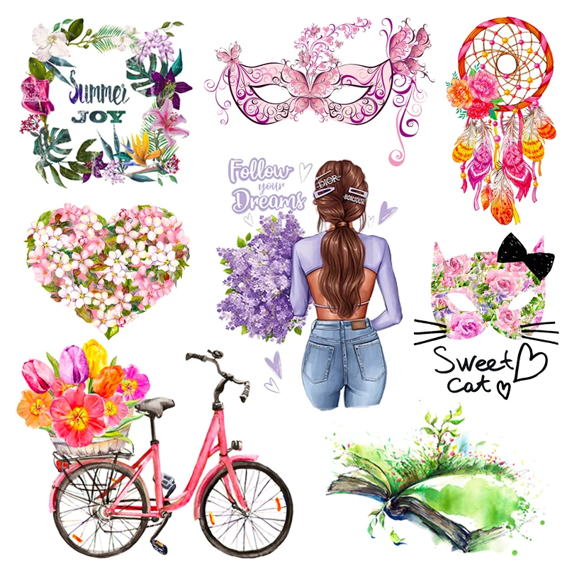 

Fashion Girl Heat Transfer For Clothes Colorful Flower Iron on Patches Thermo Stickers Cartoon Iron-on transfers For Clothing