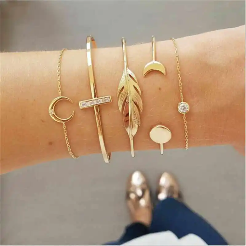 

Fashion Bangle Chain Wrist Cuff Gold Bracelet Boho 5Pcs/Set Crystal For Women's Jewelry Band